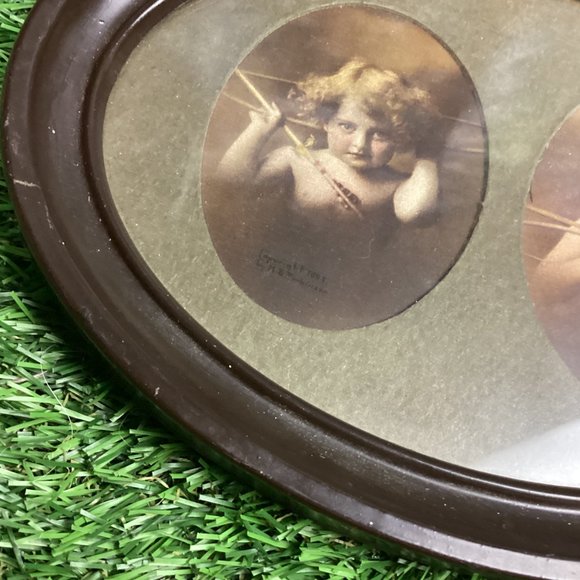 Antique Cupid Awake and Asleep Double Photo Oval Framed Picture - Picture 7 of 11